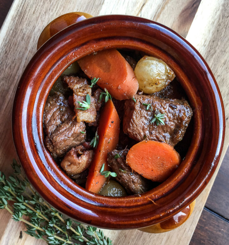 Braised Beef Burgundy Stew with Bacon and Mushrooms